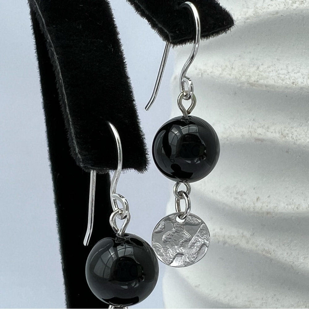 Artisan Black Onyx with Embossed Sterling Silver Disk Earrings - Picture 3 of 14